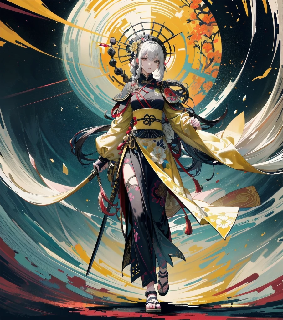 ultra high resolution,((masterpiece))),(((best quality))),((super detailed)),((extremely delicate and beautiful)),(wide shot, wide-angle lens,Panoramic:1.2),super vista,super wide Angle,Low Angle shooting,super wide lens,highly detailed,(masterpiece, top quality, best quality, official art, beautiful and aesthetic:1.2),(fractal art:1.2),
xuer ai yazawa style girl,1girl,solo,holding weapon,katana,floral print,looking at viewer,fighting stance,eastern dragon,braid,floral print,Ink,ink splatter,
(disgust:1.3),(full body:1.4),A shot with tension,(sky glows yellow,Visual impact,giving the poster a dynamic and visually striking appearance:1.2),Chinese Zen style,impactful picture,
