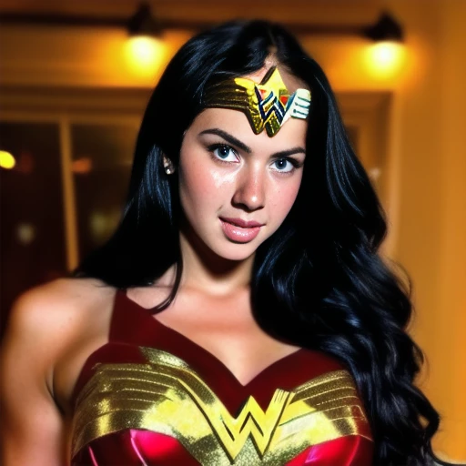 Wonder Woman costume, ager, cool handsome young man, erect, red face, embarrassed