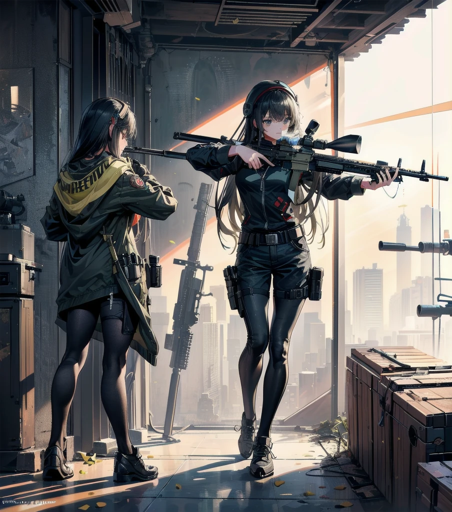 {{masterpiece, Best Quality, Extremely detailed CG, unity wallpaper 8k, cinematic lighting, Lens flare}}, a girl shooting a rifle, wide view, Whole body, thick body, (holding gun, holding the rifle,aiming,aim:1.4), pistol, h&a hk416, rifle, open fire, shooting,