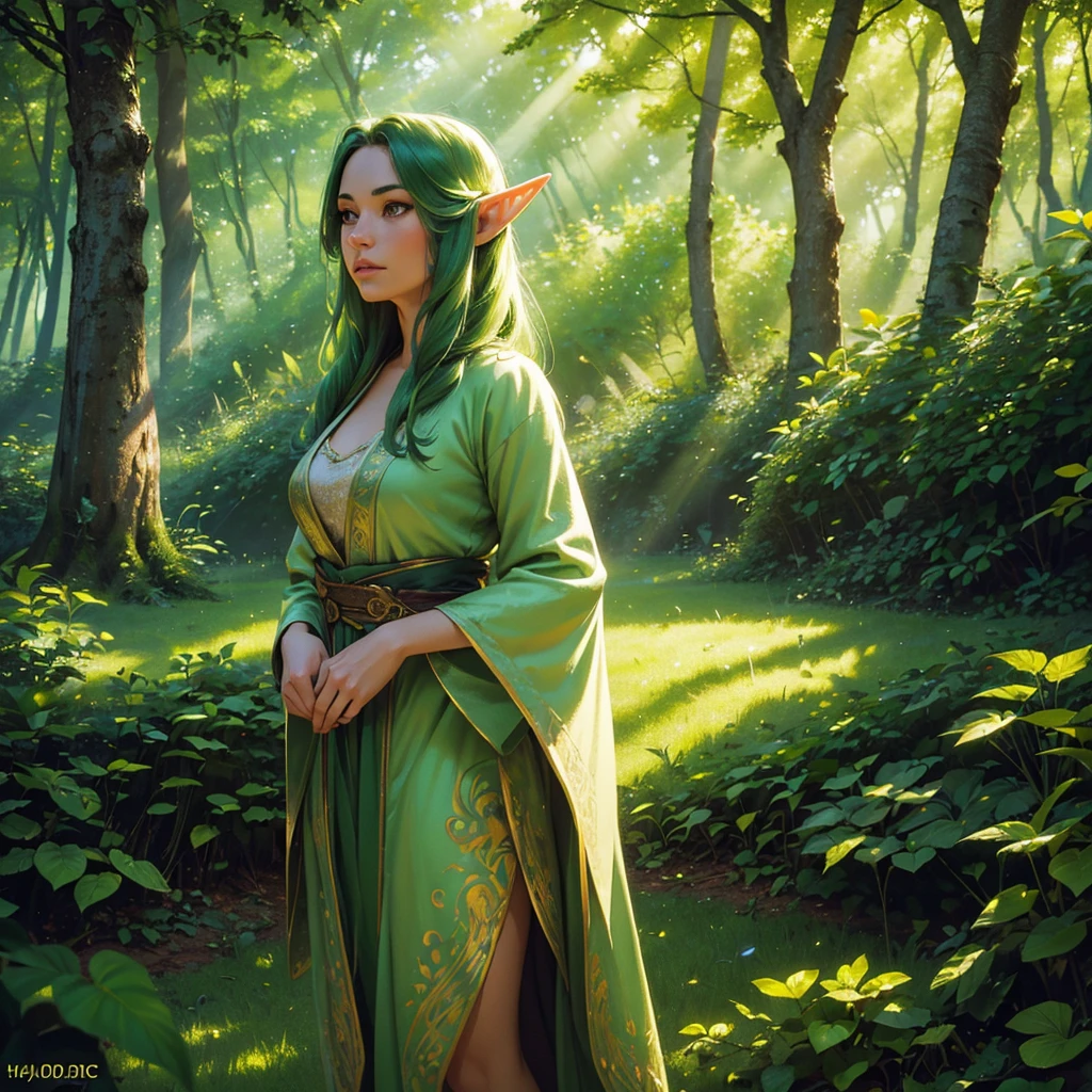 a beautiful young girl elf druid, delicate facial features, long pointed ears, flowing green hair, wearing intricate nature-inspired robes, standing in a lush green forest, sunlight filtering through the trees, magical glowing mushrooms and flora surrounding her, peaceful and serene atmosphere, (best quality,4k,8k,highres,masterpiece:1.2),ultra-detailed,(realistic,photorealistic,photo-realistic:1.37),detailed portrait, fantasy, hyperrealistic, cinematic lighting, vibrant colors, highly detailed, intricate details, comic style