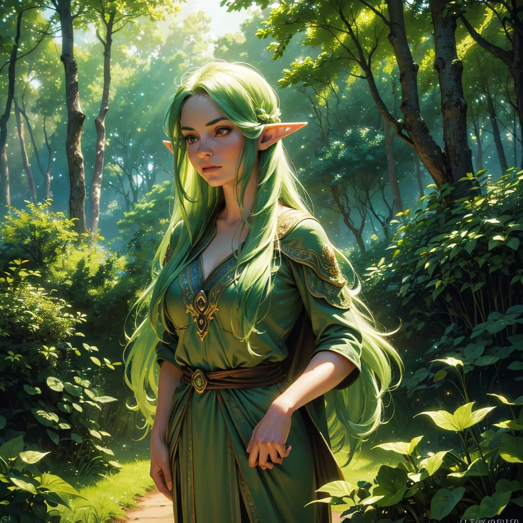 a beautiful young girl elf druid, delicate facial features, long pointed ears, flowing green hair, wearing intricate nature-inspired robes, standing in a lush green forest, sunlight filtering through the trees, magical glowing mushrooms and flora surrounding her, peaceful and serene atmosphere, (best quality,4k,8k,highres,masterpiece:1.2),ultra-detailed,(realistic,photorealistic,photo-realistic:1.37),detailed portrait, fantasy, hyperrealistic, cinematic lighting, vibrant colors, highly detailed, intricate details, comic style