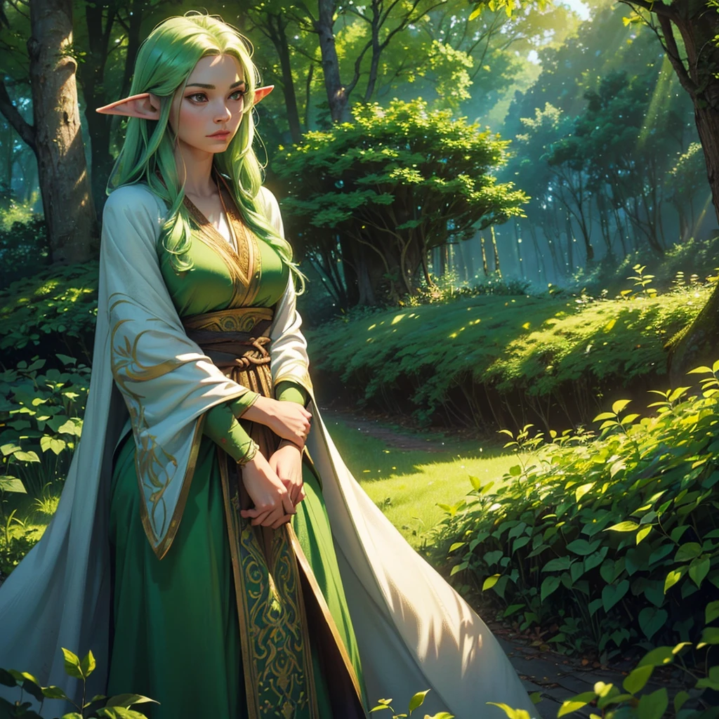 a beautiful young girl elf druid, delicate facial features, long pointed ears, flowing green hair, wearing intricate nature-inspired robes, standing in a lush green forest, sunlight filtering through the trees, magical glowing mushrooms and flora surrounding her, peaceful and serene atmosphere, (best quality,4k,8k,highres,masterpiece:1.2),ultra-detailed,(realistic,photorealistic,photo-realistic:1.37),detailed portrait, fantasy, hyperrealistic, cinematic lighting, vibrant colors, highly detailed, intricate details, comic style