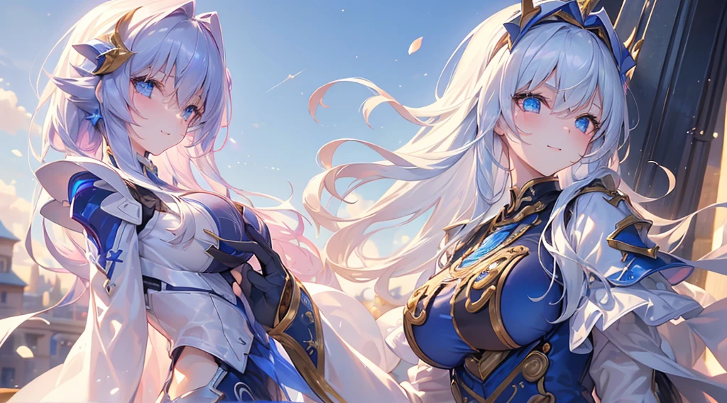 ((4k、8k、top-quality、perfect fingers: 1.3、perfect anatomia: 1.3、Background blur))、(Transformation Sequence)、((18 years old、a beauty girl、long straight hair、bright pattern) leotard: 1.3、cute decorative headband)、(blushing、Close one eye and smile)、Full body depiction、((Meadow by the river with blue sky))、sexy traveling dancer、knights、priest、s Armor、A warrior、a sorceresaids、saints、