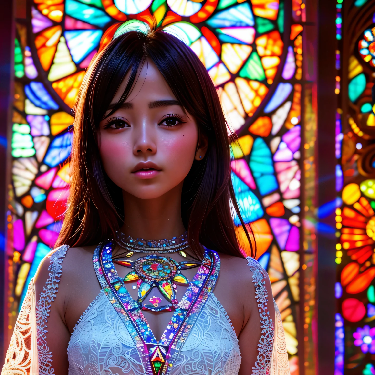 SFW, concept art, Tiny junior idol, (Detailed Delicate lace knitted white clothes), (nipple:-0.9), face closeup, (Elaborate stained glass Background:1.37), (((Renbutsu Misako), colorful Light shines through delicate stained glass:1.2, vivid red colors, Luminous Particles, light Particles))(Acutance:0.8). (ProfessionalPhoto:1.2),(ultra-detailed:1.37), (Extremely detailed KAWAII face variations, innocent expression variations), rosy cheeks, intricate detailed eyes with sparkling highlights, long eyelashes with volume, subtle blush on the face. Mystic sight, haze, Impeccable Radiant PearlSkin with Transparency, captivating gaze, ((Dynamic-angle)), whole Body proportions and all limbs are anatomically accurate .