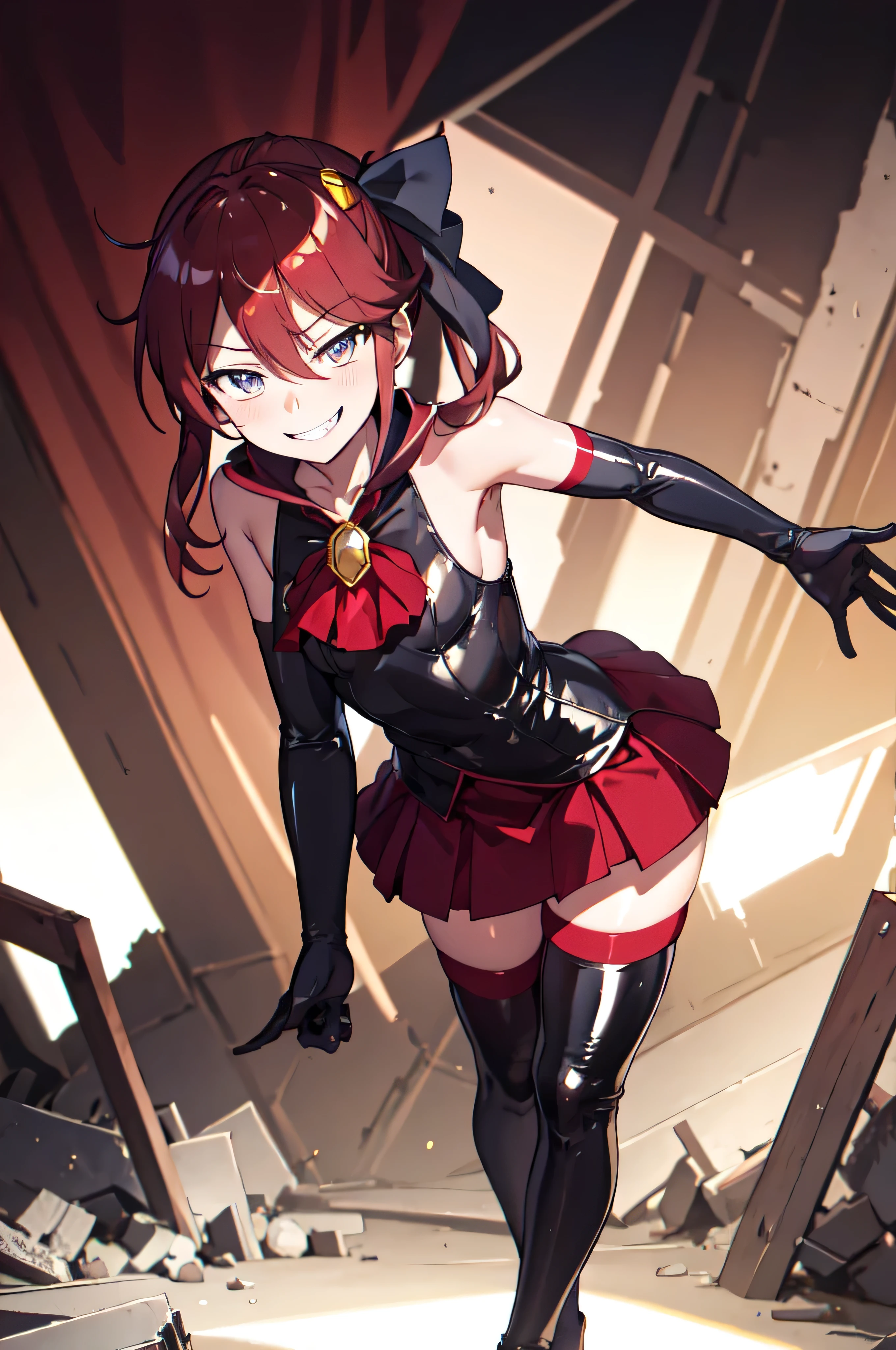 Highest quality, masterpiece, One Girl,Not beautiful, Red Ponytail, Long dress, brooch, Hair Ribbon, - Elbow hand pockets, Black knee socks, Standing on the rubble,  (Wicked Smile:1.1), ,,Dark shadowed face,Sadistic smile,Malice,Contempt,smile,latex,Bad face,,Red Skirt,two hands,Two legs,five fingers,evil background,elbow gloves,latex, Wicked Smile, devilish aura (Shiny fabric:1.5),Dark world background,solo,feet,



