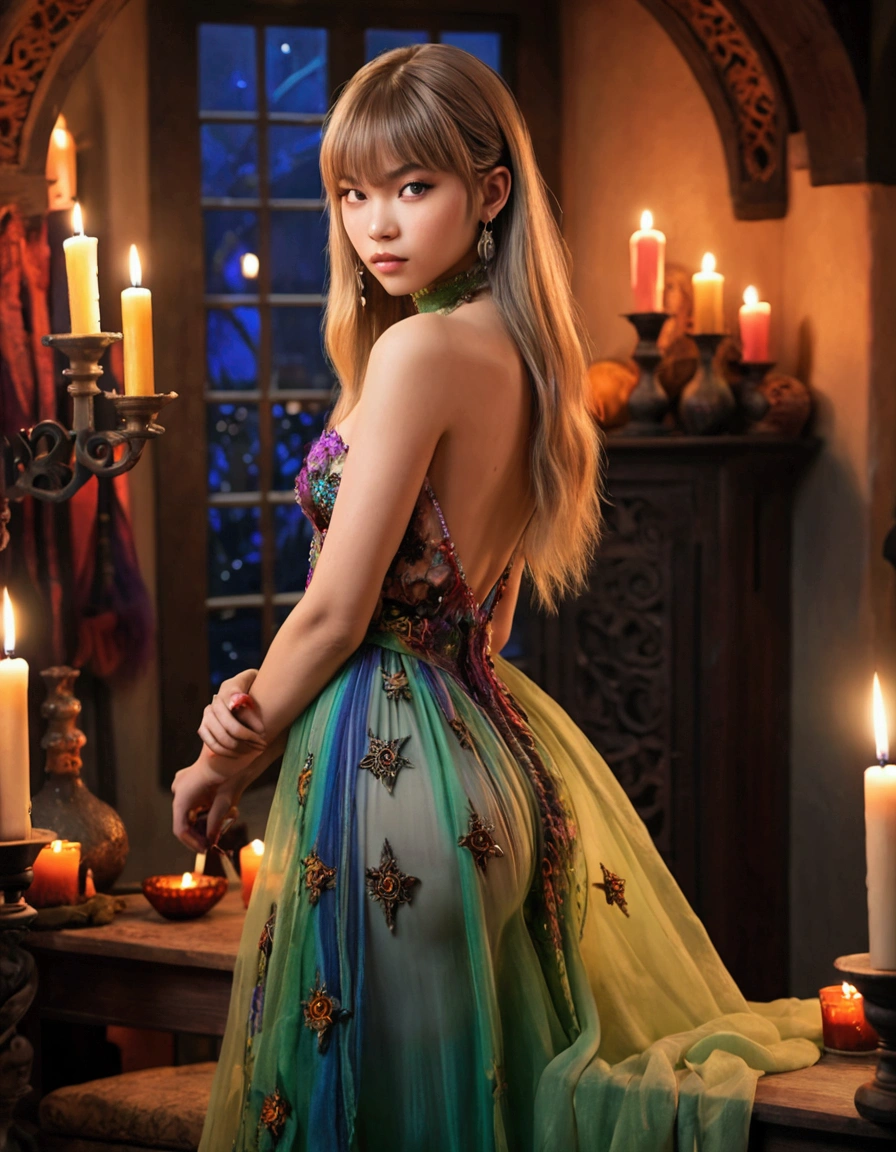 1 woman (Lalisa Manobal, age 25,sheer airy colorful dress) is a seductive witch, seduction magic cast at Conan, high fantasy, exotic bedroom loads of candles and animal furs, looking back over her shoulder