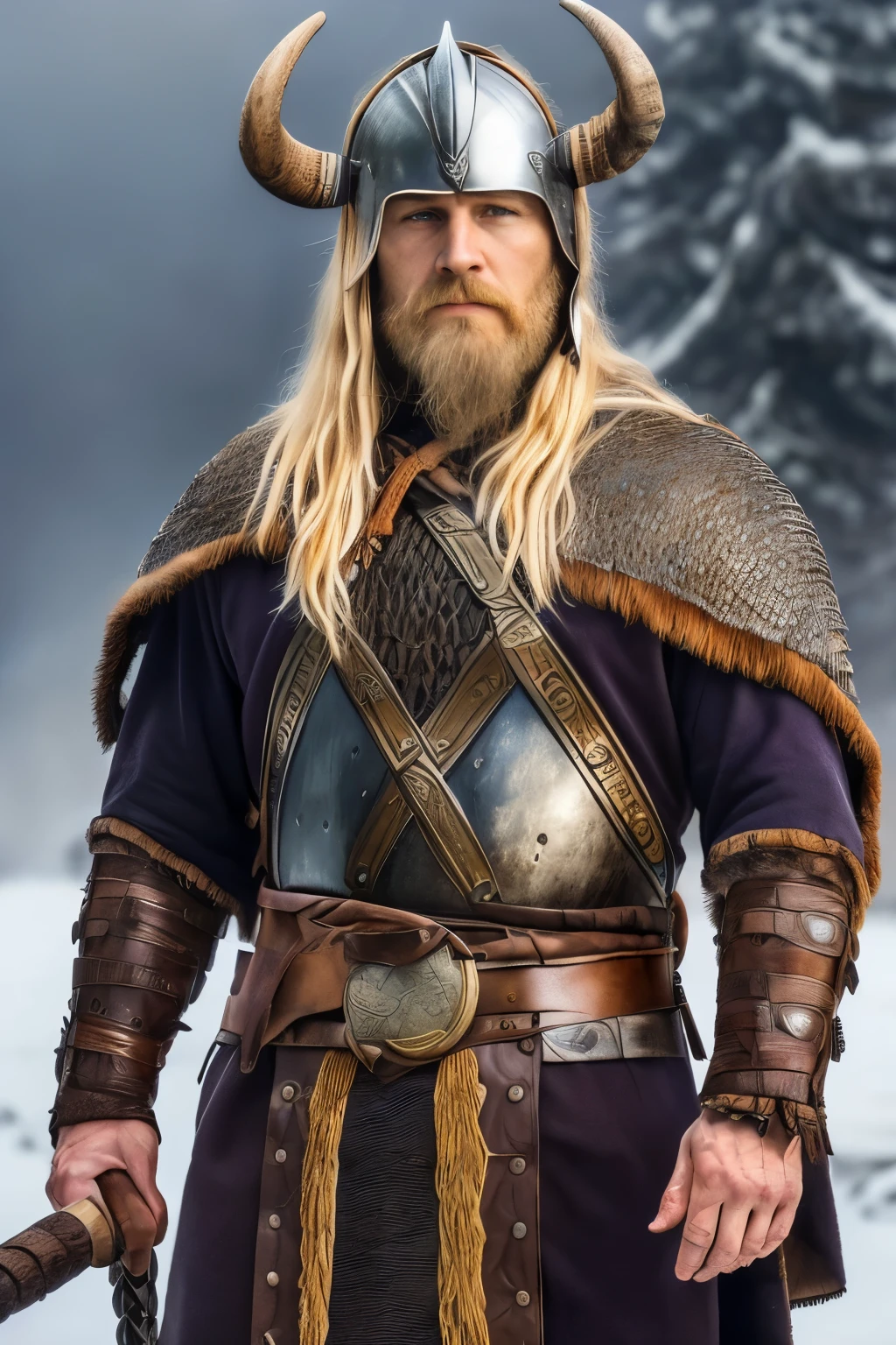 Front view,  Standing pose,  on ground, Viking Warlord,11th century, (1 boy and 1 girl is existence), (couple Vikings),(Swedish male middle age, 40-year-old man), (Highly detailed face, Ordinary eyes, Golden Hair), (Muscular body), (viking costume, Leather Armor, Knitwear, Clothes), (((Iron Viking helmet with horns))), (Carrying a round wooden shield and a battle Ax),beautiful Sweden Young girl, 25 years old, (Highly detailed face, Ordinary eyes, Long eyelashes, Tapered eyebrows, gold hair, fringe, Variegated eyes, Fuller lips, little Lips),(C cup breasts, slender whist, middle hip), (Viking armor,Viking costume, Seal fur shawl),Nordic Beaches ,(masterpiece, Highest quality, masterpiece, God-like quality, Sacred art, , Very realistic , Dark and foggy、The setting is a snowstorm) 