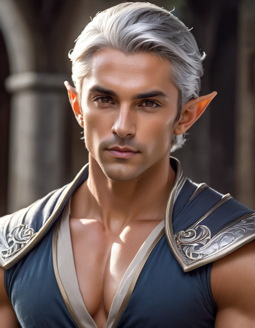 (best quality), 1boy, mature man, 34 years old, tanned skin, silver hair, medium hair, hair loosely combed back, brown eyes, perfect eyes, muscular, handsome, small waist, strong jawline, cold expression, (elf), fantasy clothes, fully clothed, clean face, masterpiece, anatomically correct, highres