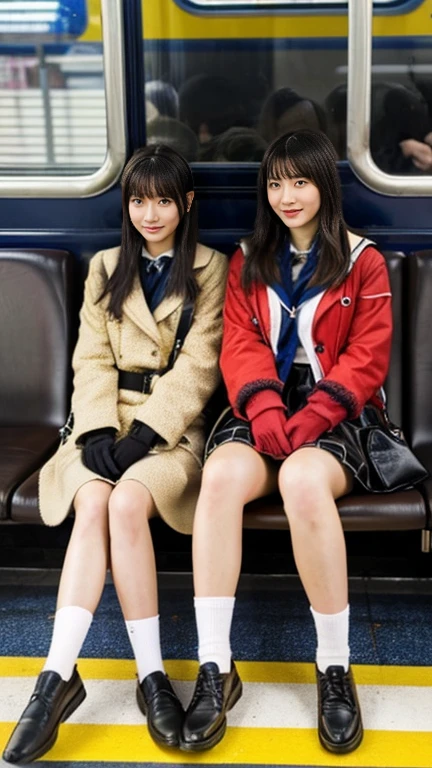 Two mature, A Japanese high school girl with flashy hair is wearing a duffle coat and leather shoes.、Wearing shorts, Shiny, thin, Genuine Leather Gloves.,Shiny hair,masterpiece,Inside the train,Voyeur,Thick makeup face,Highly detailed face, Please open your eyes,((Crossing your legs)).Smelly socks, Ultra mini skirt,She looks seductively at the photographer..,School Bags,This photo was taken in daylight with soft lighting...、The girls are sitting on train seats.。. This photo was taken by someone on their cell phone...、Apparently it was posted on Snapchat..。.