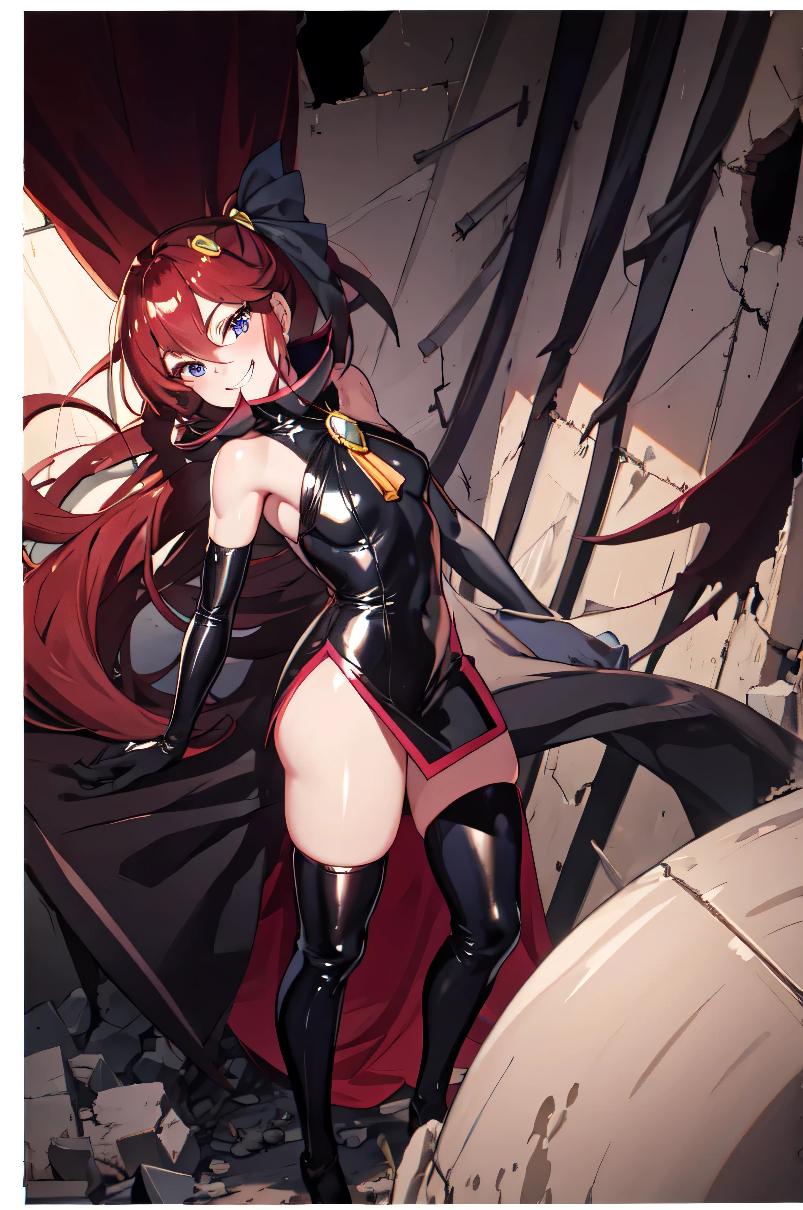 Highest quality, masterpiece, One Girl,Not beautiful, Red Ponytail, Long dress, brooch, Hair Ribbon, , Black knee socks, Standing on the rubble, (Wicked Smile:1.1), ,,Dark shadowed face,Sadistic smile,Malice,Contempt,smile,latex,Bad face,,Red Skirt,two hands,Two legs,five fingers,evil background,elbow gloves,latex, Wicked Smile, devilish aura (Shiny fabric:1.5),Dark world background,solo,feet,