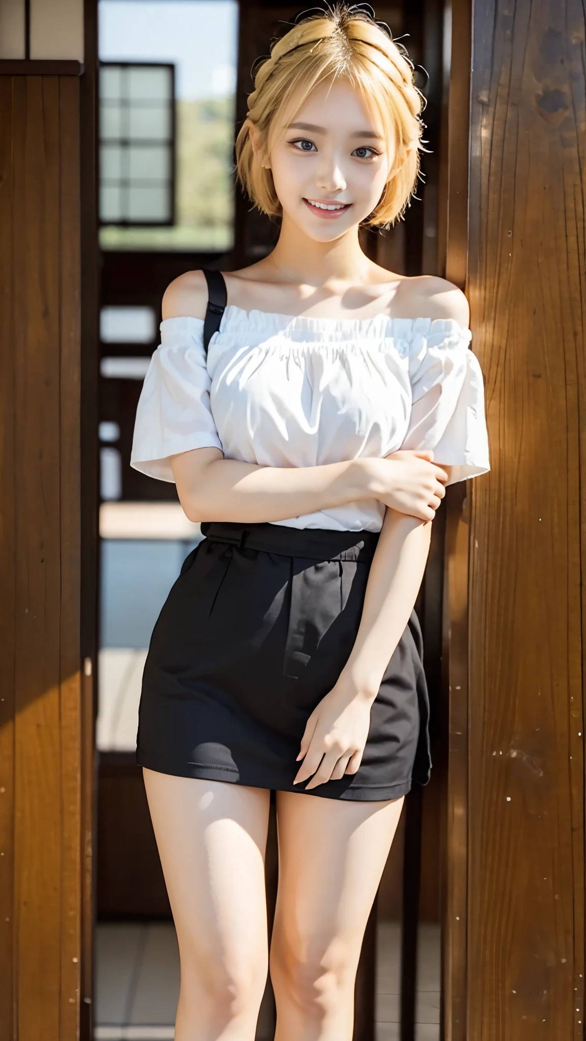 A tall, 20-year-old Japanese woman with blonde short hair, wearing a mini skirt and a T-shirt, standing upright.