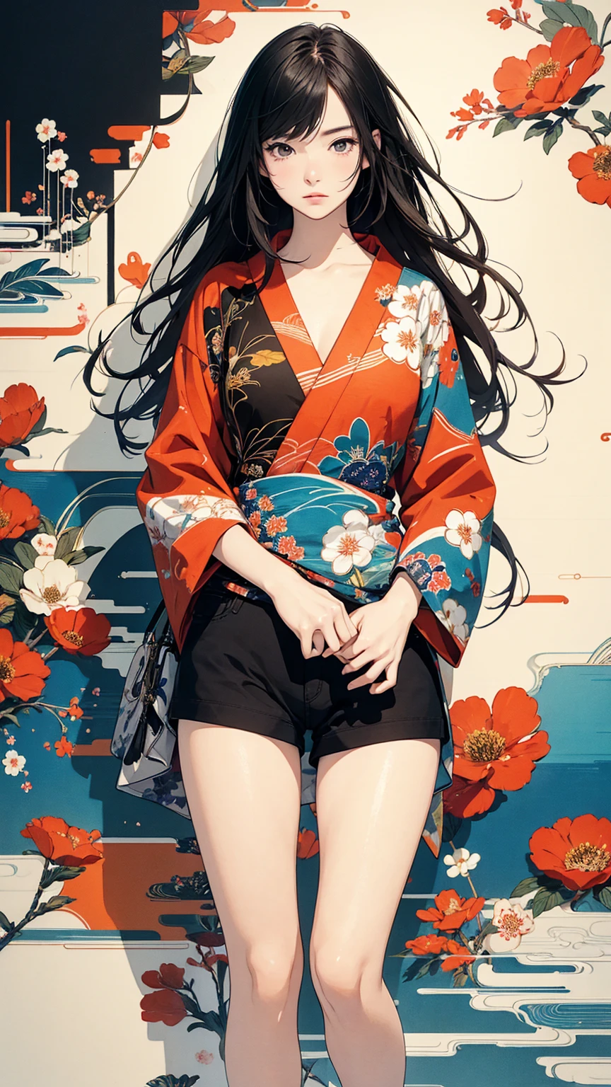 (masterpiece, High resolution, Highest quality), 20-year-old woman, Hands in pockets:1.3, Coordination of Japanese patterned haori and micro mini shorts:1.2, Petal Collage, abstract design, artistic juxtapositions, And handle background, mixed-media approach, Anime Style, Simple lines, Digital Painting, 