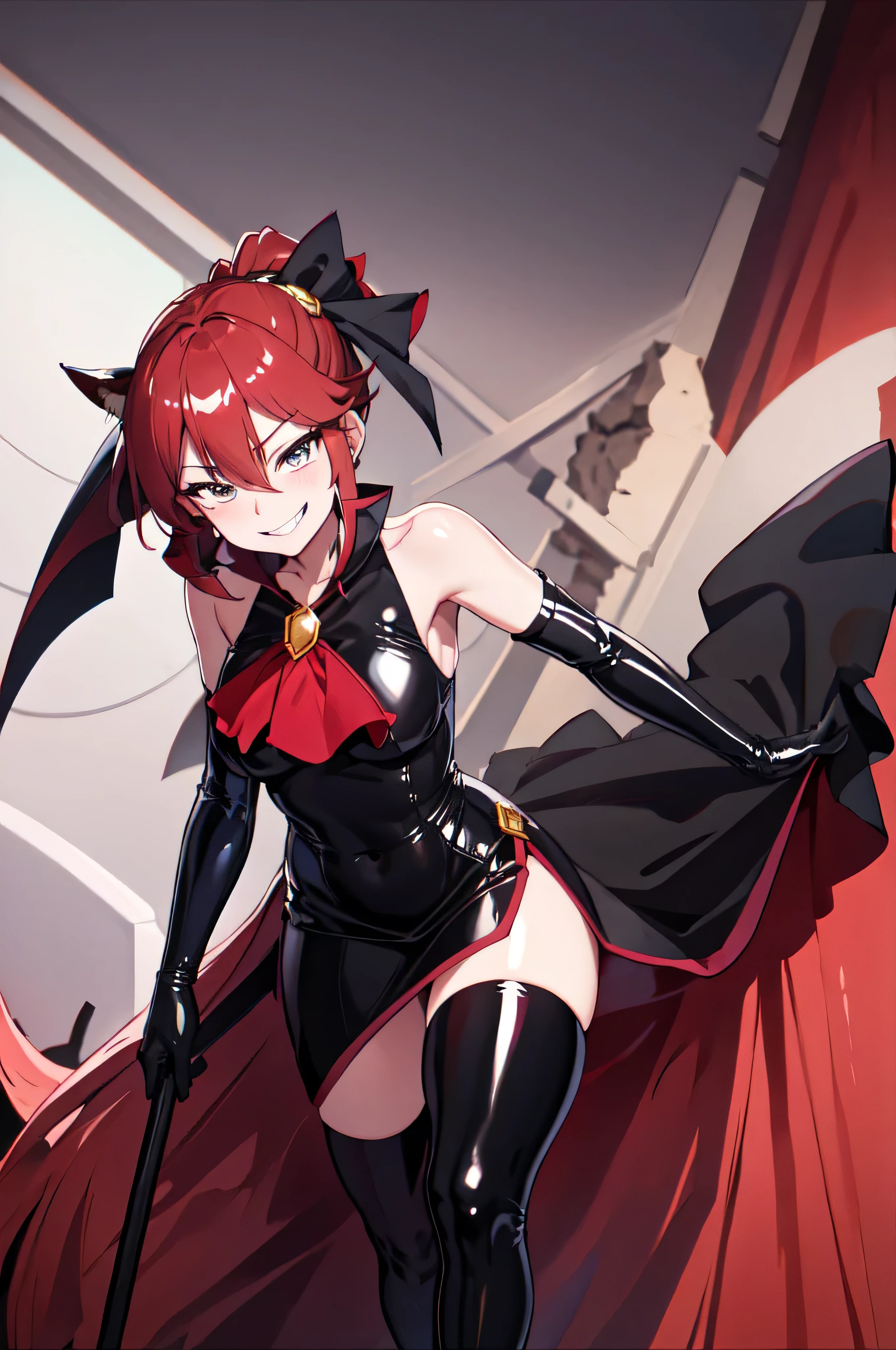 Highest quality, masterpiece, One Girl,Not beautiful, Red Ponytail, Long dress, brooch, Hair Ribbon, , Black knee socks, Standing on the rubble, (Wicked Smile:1.1), ,,Dark shadowed face,Sadistic smile,Malice,Contempt,smile,latex,Bad face,,Red Skirt,two hands,Two legs,five fingers,evil background,elbow gloves,latex, Wicked Smile, devilish aura (Shiny fabric:1.5),Dark world background,solo,feet,