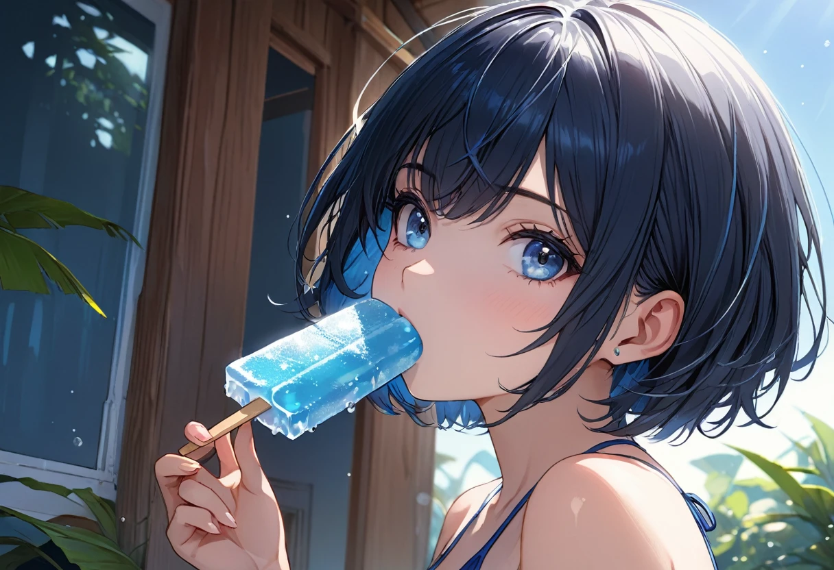 One girl, dark blue short hair, wearing a swimsuit and eating ice candy,(((masterpiece))), (((best quality))), ((ultra-detailed)), (illustration), (detailed light),((an extremely delicate and beautiful)),(beautiful detailed eyes),