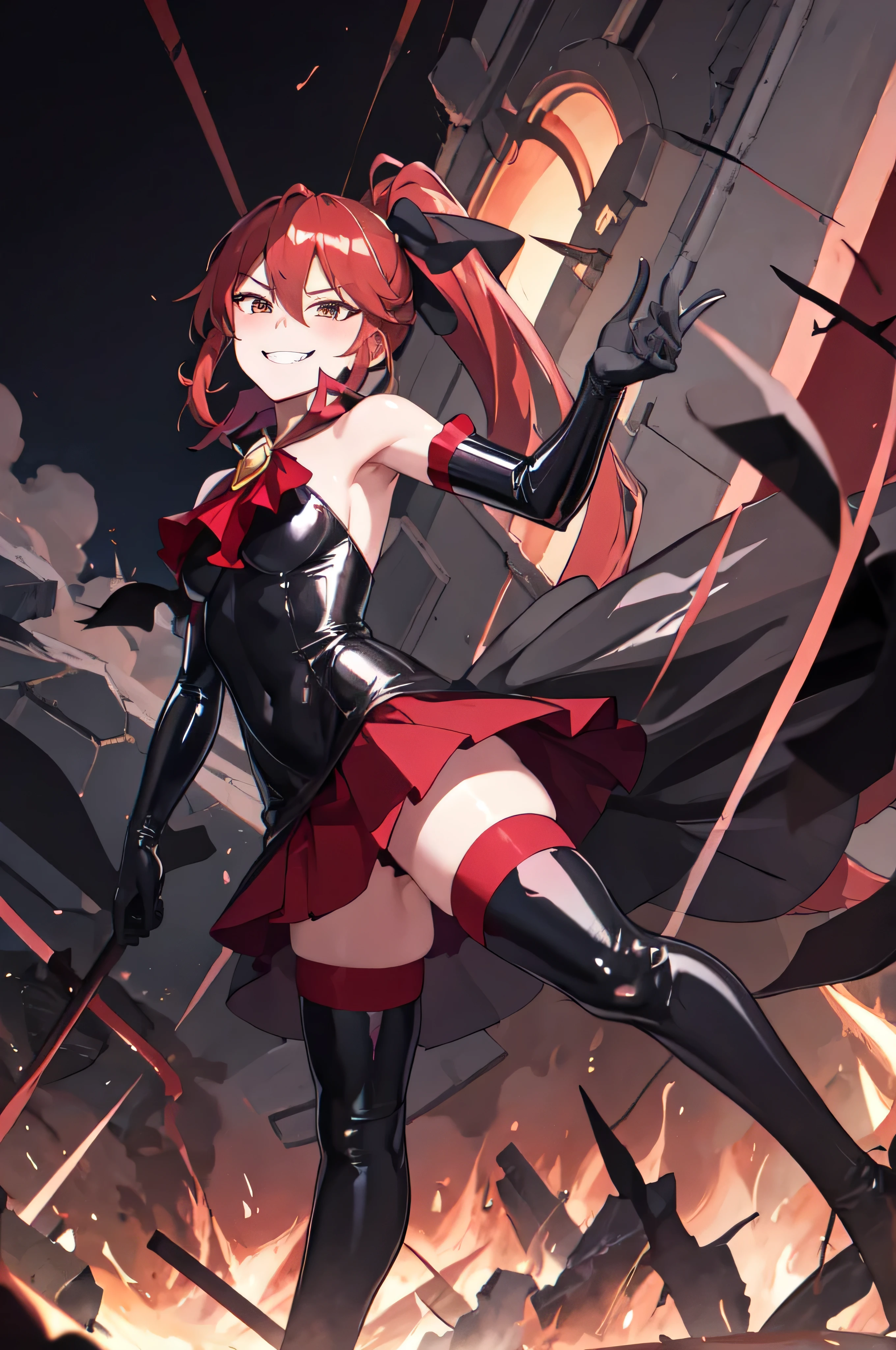 Highest quality, masterpiece, One Girl,Not beautiful, Red Ponytail, Long dress, brooch, Hair Ribbon, , Black knee socks, Standing on the rubble, (Wicked Smile:1.1), ,,Dark shadowed face,Sadistic smile,Malice,Contempt,smile,latex,Bad face,,Red Skirt,two hands,Two legs,five fingers,evil background,elbow gloves,latex, Wicked Smile, devilish aura (Shiny fabric:1.5),Dark world background,solo,feet,Black mog from hand