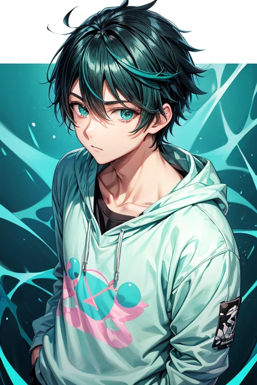 anime boy.designed with aqua green and cyan dergrade sweatshirt with black hair