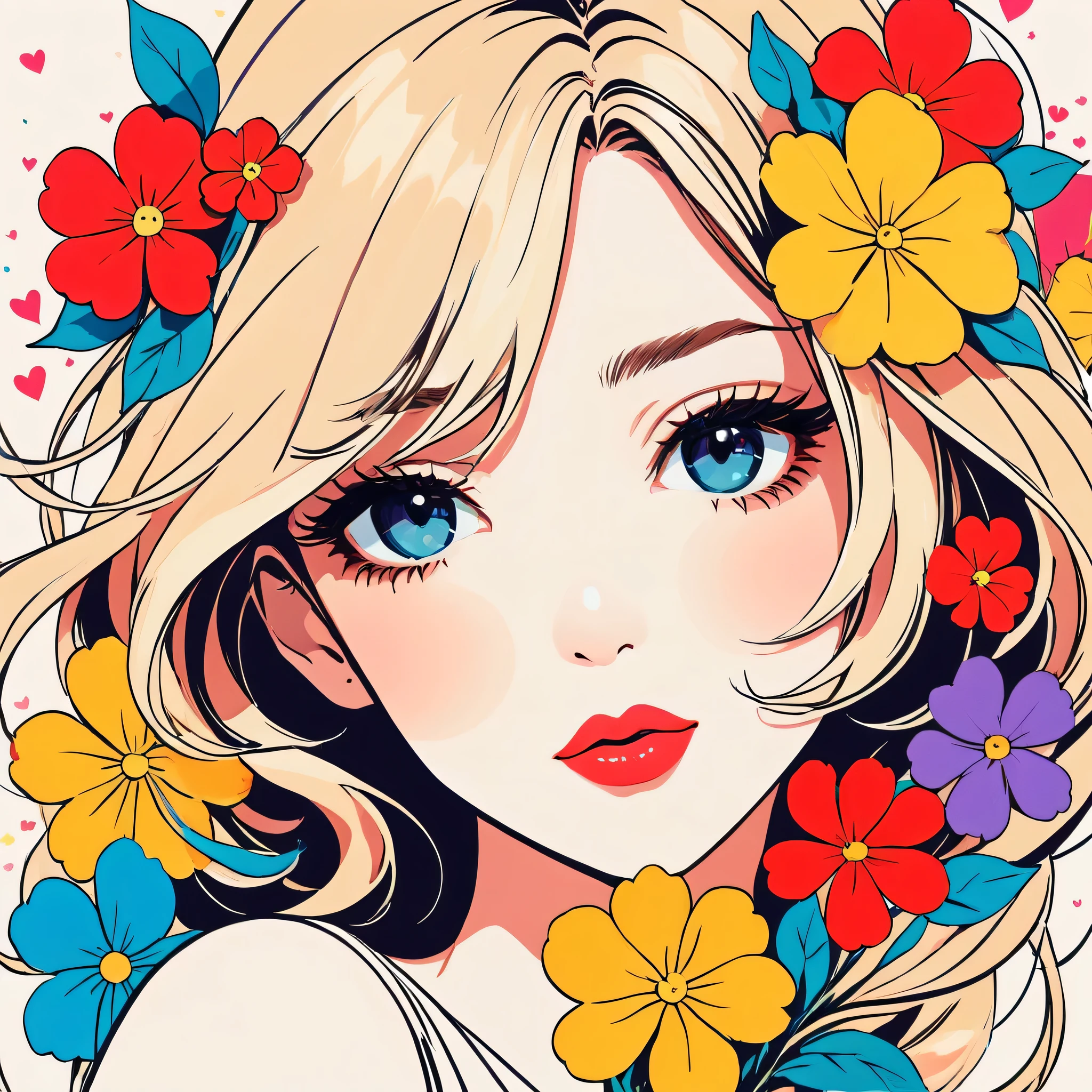 Mika Pikazo style, Simple Line Initialism,Abstract art,Urban Background, colorful flowers ,(((The most beautiful girl of all time))), Sweet face, Lips in love