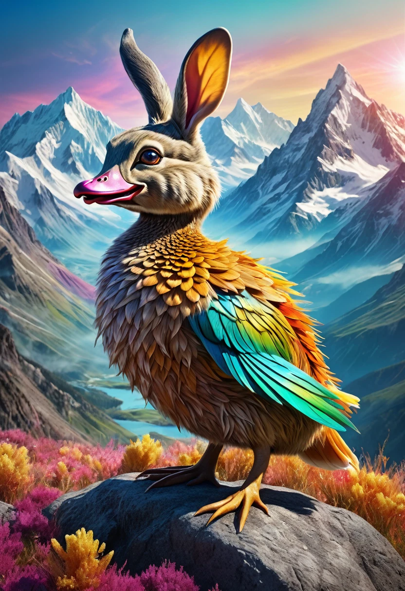 a surreal Wolpertinger, Hybrid creature made of duck, rabbit, and mouse, in exhilarated colors, in front of a mountain landscape, (best quality,4K,8k,highres,masterpiece:1.2),Ultra-detail,(Realists,photoRealists,photo-Realists:1.37),elaborate details,cinematic lighting,dramatic colors,The fantasy,Digital Drawing,surreal,Very detailed,Film composition,keen focus,photoRealists,hyperRealists,mystical,Ethereal,fantastic,colorful,exhilarated,noticeable,dream-like,conceptual,imaginative
