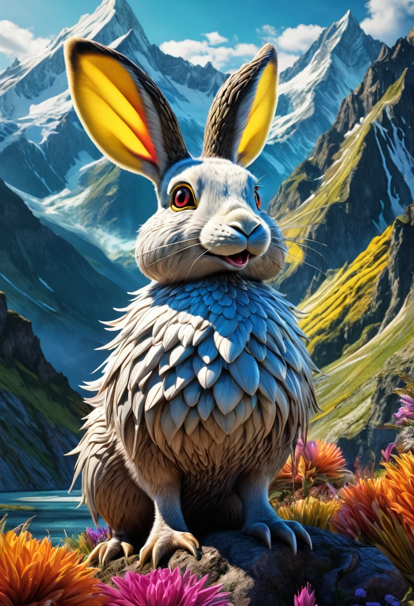 a surreal Wolpertinger, Hybrid creature made of duck, rabbit, and mouse, in exhilarated colors, in front of a mountain landscape, (best quality,4K,8k,highres,​masterpiece:1.2),Ultra-detail,(Realists,photoRealists,photo-Realists:1.37),elaborate details,cinematic lighting,dramatic colors,The fantasy,Digital Drawing,surreal,Very detailed,Film composition,keen focus,photoRealists,hyperRealists,mystical,Ethereal,fantastic,colorful,exhilarated,noticeable,dream-like,conceptual,imaginative