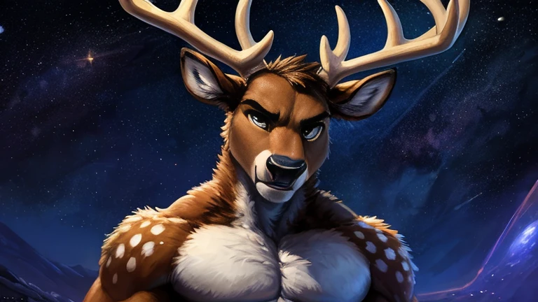 ((anthropomorphic Deer)) with He has all black eyes
Brown fur bright random white spots and muscular And antlers , big chest, day, sexy, sensual, detailed, uploaded to e621, beautiful and detailed portrait of an anthropomorphic Deer with He has all black eyes
Brown fur bright random white spots and muscular And  antlers ((male ))) kenket, Ross Tran, ruan jia, uploaded to e621, zaush, foxovh, movie lighting,, muscular toned, muscles, muscular build,, (( with stars and a space background looking off towards the distance at some entity that is in the background with an angry expression)) , wearing only pants, anthropomorphic