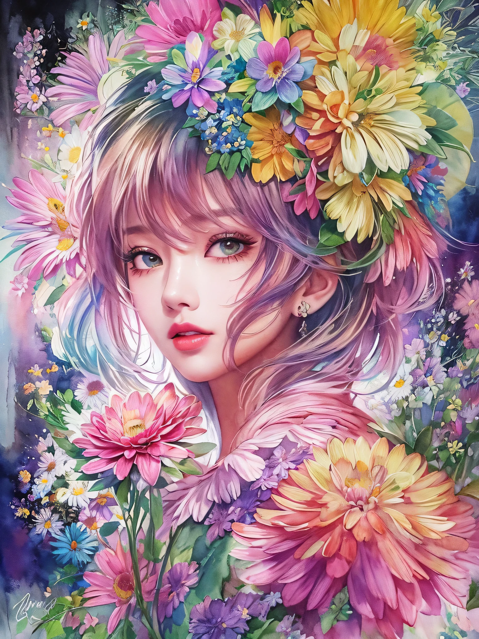河CY Style、(((stylish fashion))), 8K Quality、Intense watercolor, Detailed watercolor art, Watercolor splash, Surreal, avant-garde pop art, Beautiful and expressive paintings, Beautiful artwork illustration, Very colorful tones, wonderful, Cool beauty, highest quality、Official Art, Vector art, Stylish design, (((The most beautiful girl))), (((highest quality))), HDR, ((detailed)), (((Doodle Art)), ((masterpiece)), ((Super detailed)), (((Colorful flowers))),(((Stylish))),