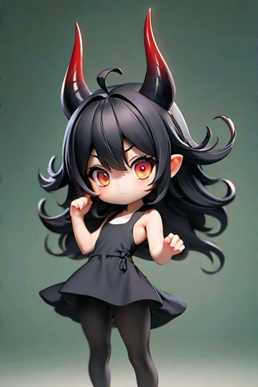 Young Girl,,Wearing a one-piece dress,Mini character,Red eyes,Black Hair,Long Hair,Dark atmosphere,Deformed character,Horns growing,Ahoge,Pale skin,eyes are half closed,Troubled face,Shoulder sticking out,Sleeveless dress,Tight-fitting clothing,Yoga Suit