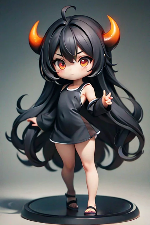 Young Girl,,Wearing a one-piece dress,Mini character,Red eyes,Black Hair,Long Hair,Dark atmosphere,Deformed character,Horns growing,Ahoge,Pale skin,eyes are half closed,Troubled face,Shoulder sticking out,Sleeveless dress,Tight-fitting clothing,Yoga Suit
