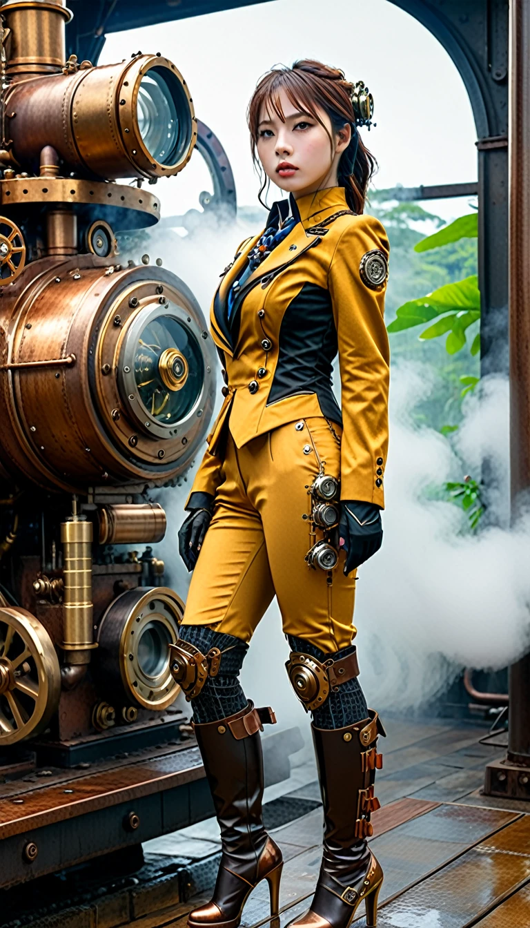 (masterpiece, best quality:1.2), (8k uhd, 16k, 32k, ultra high res), realistic photo, ultra sharp photo result, HDR10, superrealism, (The main subject: Wide-angle lens), (steampunk:1.2), beautiful japanese female, (super beautiful face), legs, Power mechanical suit), (super intricate all details), (super realistic all textures), metallic yellow color, hydraulic cylinder, Rust, scars from previous battles, (steam engine like),cinematic poses in motion, Rain, humidity, jungle