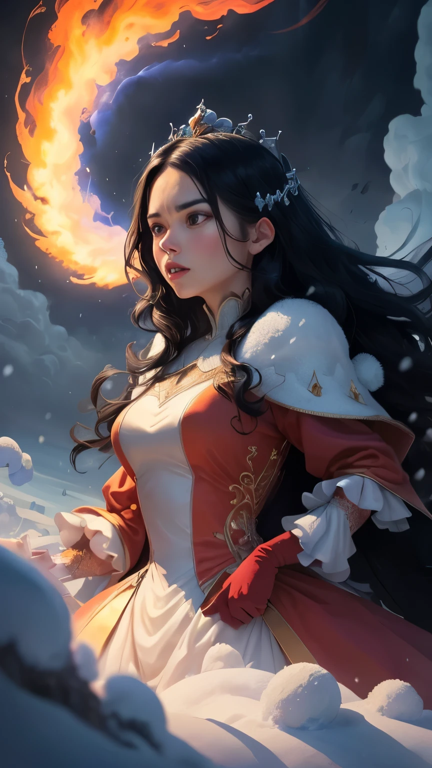((best quality)), ((masterpiece)), (detailed), A digital illustration of a furious long black haired women wearing a peach-colored princess dress summoning a snow tornado with monsters in the background.
