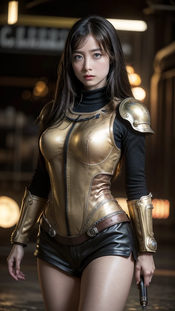 (masterpiece, best quality:1.2), (8k uhd, 16k, 32k, ultra high res), realistic photo, ultra sharp photo result, HDR10, superrealism, (The main subject: Wide-angle lens), (steampunk:1.2), beautiful japanese female, (super beautiful face), legs, Power mechanical suit), (super intricate all details), (super realistic all textures), metallic yellow color, hydraulic cylinder, Rust, scars from previous battles, (steam engine like),cinematic poses in motion, Rain, humidity, jungle