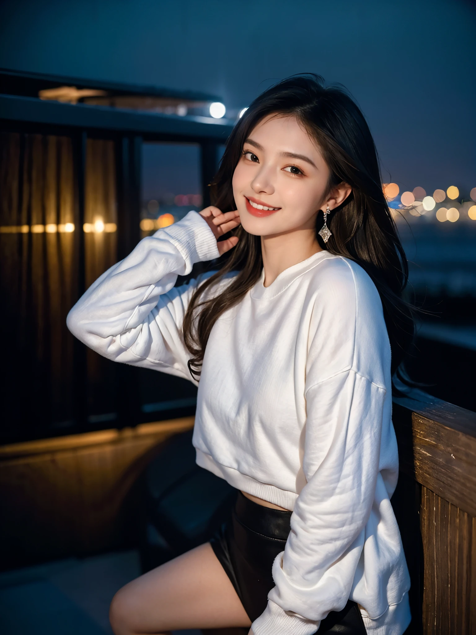 High resolution,masterpiece,One Girl,Beautiful woman,At the night view spot,Wear a white sweatshirt from head to toe,Wear silver earrings,smile,