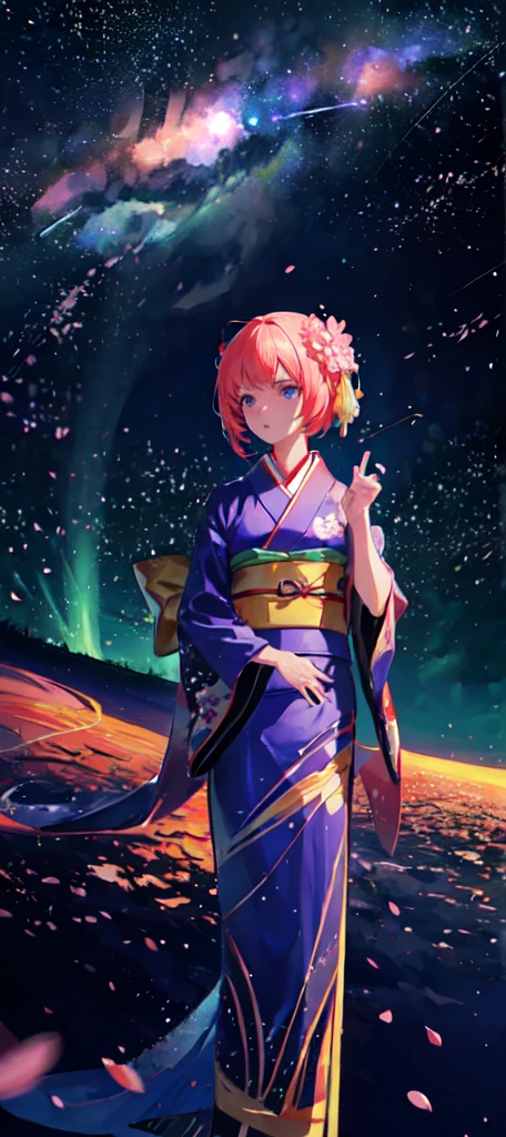  distant girl wearing a kimono staring at the (Zoom out:1.1), (Meteors:1.2), (comet:1.1),  Low - Angle, Aloura Borealis, shooting star, cherry blossoms, Standing in the field,Highest quality, masterpiece,  cloud,colorful, Starry sky,performer,