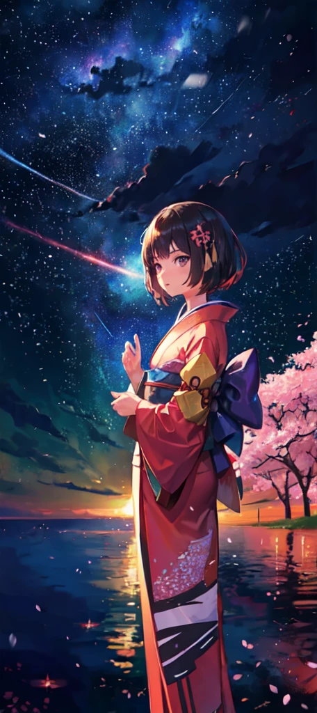 distant girl wearing a kimono staring at the (Zoom out:1.1), (Meteors:1.2), (comet:1.1), Low - Angle, Aloura Borealis, shooting star, cherry blossoms, Standing in the field,Highest quality, masterpiece, cloud,colorful, Starry sky,performer,