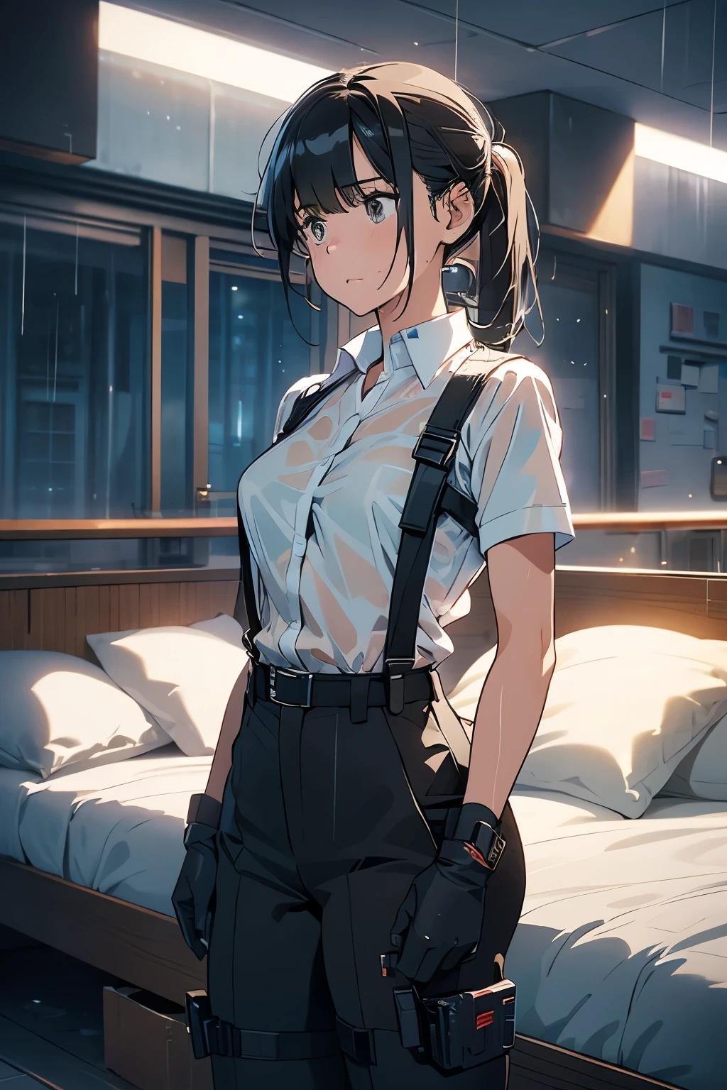 1 female, , high quality, masterpiece, Ultra-high resolution, , Cinema Lighting, , , And the suspenders with the cranes flying Large Breasts Small face holster Lying in bed Looking up Sweat belt summer 脇Sweat Black Hole Gloves suit shirt Black jacket Black trousers Leg Links ズボンにbelt holster Hands behind your back Anxious expression Looking up Anxious face, legs apart Armament Handgun handcuffs Cable ties レッグholster holster See-through clothing heavy rain Getting wet in the rain