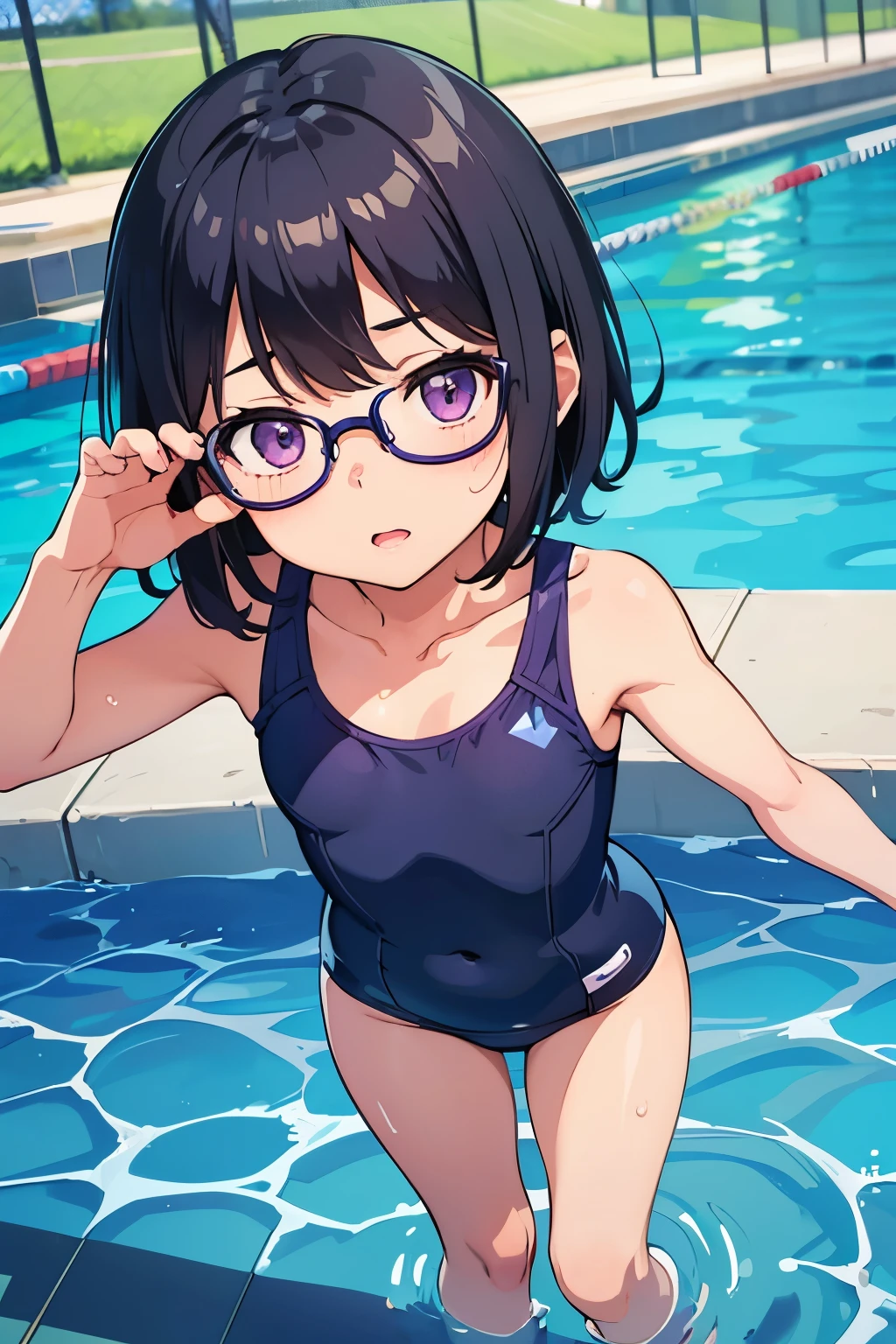 , 8 years old, toddler, fl black hairshort bob, glasses, purple eyes, tired expression（One person））Navy blue old style school swimsuit　Summer sunshine　School swimming pool　Standing by the pool　Angle Low angle