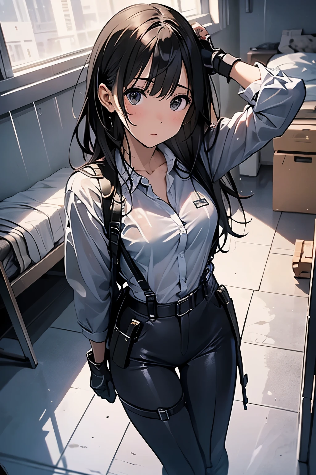 1 female, , high quality, masterpiece, Ultra-high resolution, , Cinema Lighting, , , And the suspenders with the cranes flying Large Breasts Small face holster Lying in bed Looking up Sweat belt summer 脇Sweat Black Hole Gloves suit shirt Black jacket Black trousers Leg Links ズボンにbelt holster Hands behind your back Anxious expression Looking up Anxious face, legs apart Armament Handgun handcuffs Cable ties レッグholster holster See-through clothing heavy rain Getting wet in the rain