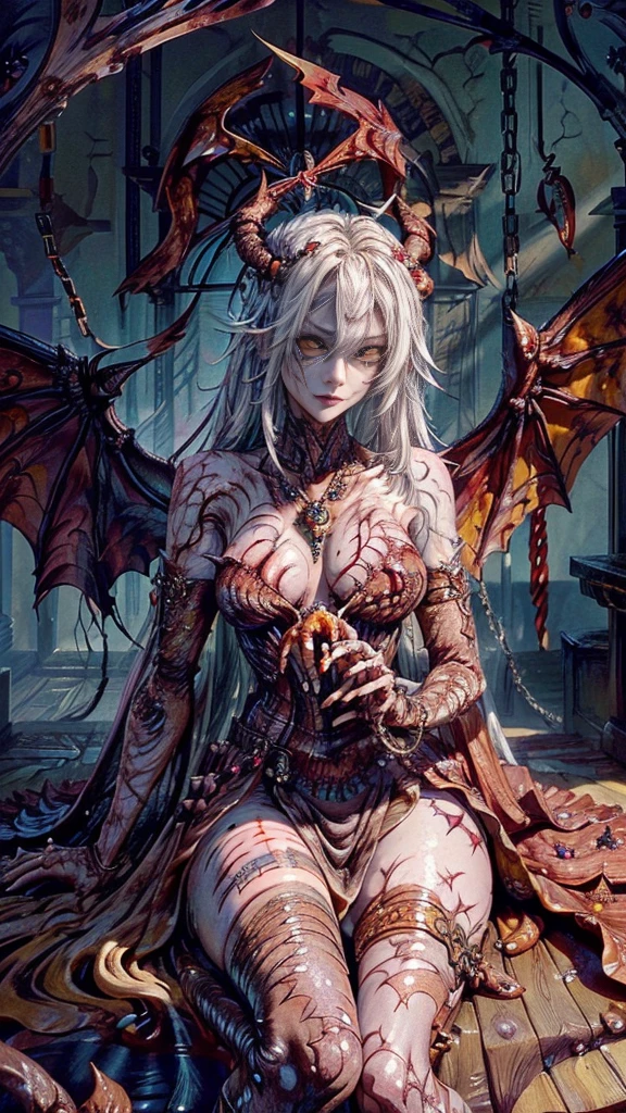 (32K:1.5, Dark fantasy:1.4, Highest quality, masterpiece, Ultra-high resolution), Perfect dynamic composition:1.3, Horror Portrait, chaos, Dark Background:1.3, Prisoner, slave, Dark Demon World, evil, (Detailed tattoos on the whole body:1.4, wearing exquisite jewelry:1.4), Very detailedな肌と顔の質感:1.3, Very accurate, Very detailed, (Sexy succubus demon with big wings:1.3, Incredibly slim body:1.3, beautifully、aesthetic:1.3), Horn, Fair skin, Sensual posture, ((Putting Badly Torn Clothing Back on Properly:1.3)), Medium chest, (Big eyes that exude eroticism:0.4, Feel the stimulating caress:1.0, Open your mouth a little, lipstick, Feel the eroticism:0.9, Too sexy:0.9, charm的な:0.9), ((Bloody:1.5, Covered in scars:1.5, Necrosis:1.6, Lots of chains:1.6, Countless chains tangled in clothes:1.6, Chain your right arm:1.5, Chain the left arm:1.5, The right leg is bound with a shackle and chain:1.5, The left leg is bound with a shackle and chain:1.5)), Super long blonde curly hair, Earrings, necklace, bracelet, romantic, mysterious, elegant, Object of admiration, original, dramatic, artistic, Innovative, charm, Heartful, Fancy, sense of openness, sense of cleanliness, special, exciting, grotesque, Extreme, Tilt, sense of loss, sorrow, sorrowの表現, ((evilのcharm, 女性的なcharm))