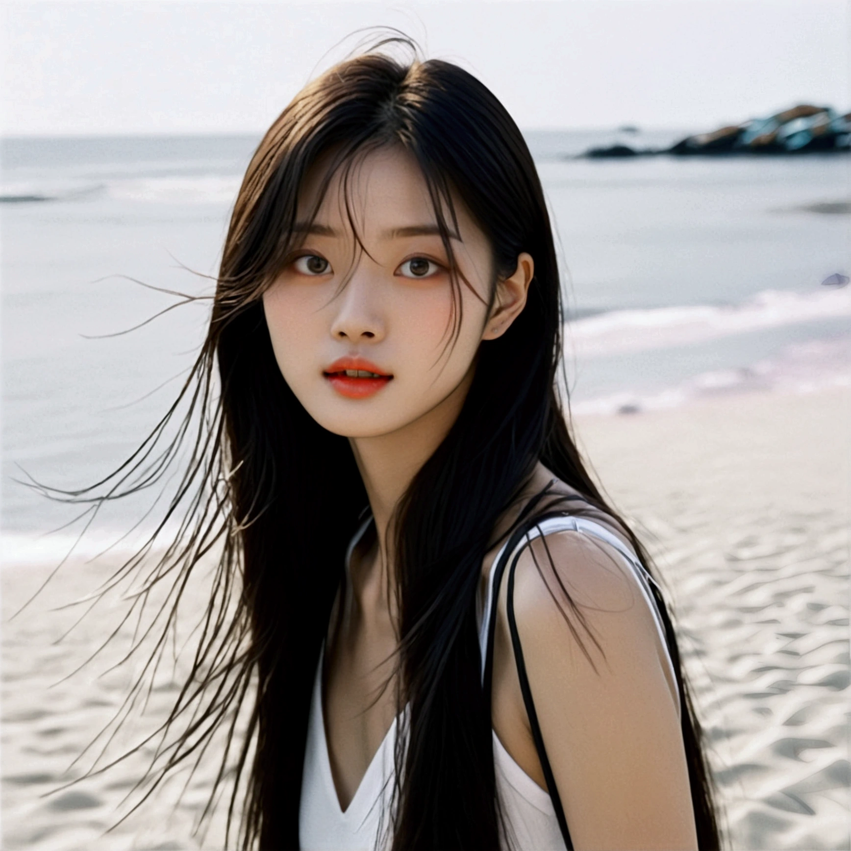 1 Korean girl,((beach))((necklace "Cam"))