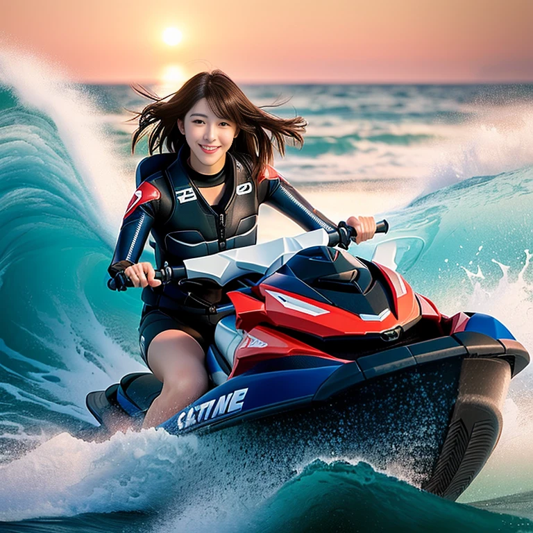 Photo-realistic quality、woman ライディング a jet ski on a wave in the ocean, Beautiful 18 year old Japanese idol, Riding the wind and waves, Speed across the ocean on a jet ski,looking at the camera、Detailed and beautiful eyes、Cute smile、A soft and gentle look