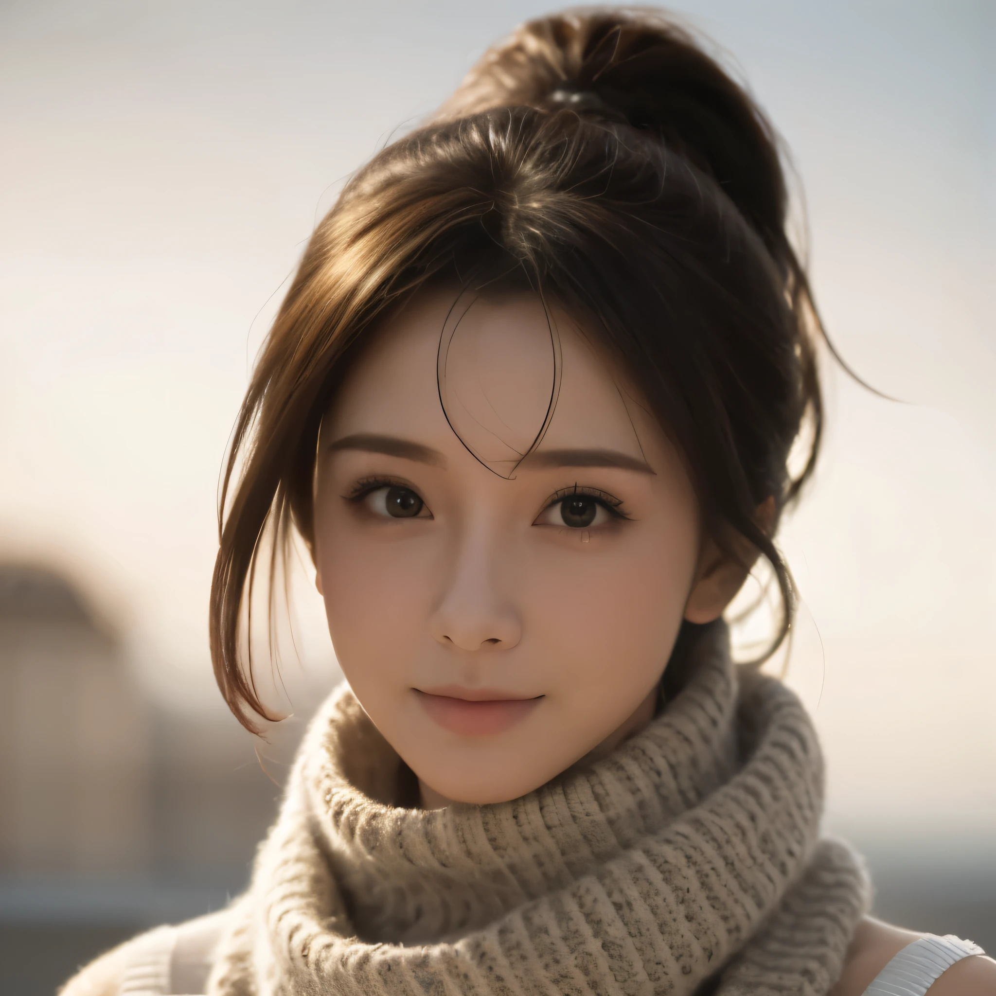 1woman, mature ,solo, close up, slender,((sweater and scarf)), ((soft smiling)), (best quality,8k,highres,masterpiece:1.3), (crystal clear white skin),ultra-detailed, (realistic,photorealistic,photo-realistic:1.37), portrait, cinematic, warm lighting, medium format, golden hour, dramatic shadows, vibrant colors,((hair up)),(( waving long hair by Wind)),