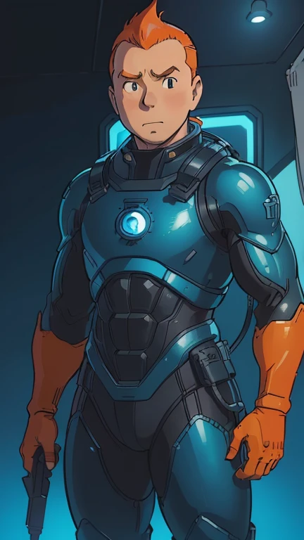 (1male: Tintin), (extremely detailed CG unit 8k wallpaper),(master part), (best quality), (ultra detali), (best illustration),(melhor ombre), cowboy shot, (Sharp eyeliner, ombre, detailed eyes:1), dark neon light space station indoors background, ,break , (StudioGhibliStyleHMC), upper body, very short hair,orange hair,Nanosuit