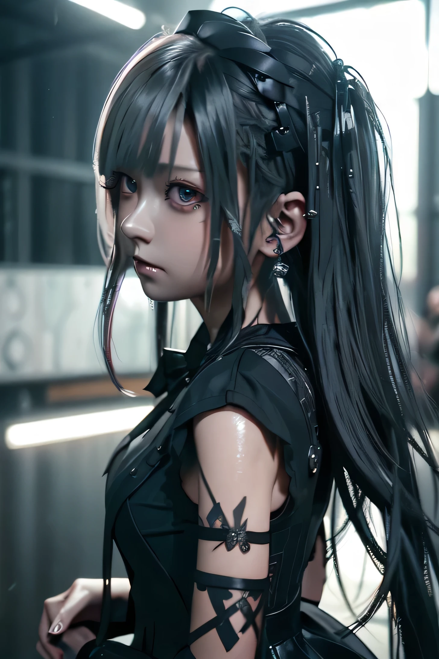 One girl, pink twin-tail hair, heavy makeup,wearing a black leather jacket、long skirt(Punk black maid's dress in sequinned fabric),Pose with hands on hips. lots of metal accessories, standing,in girls pretty girls room.