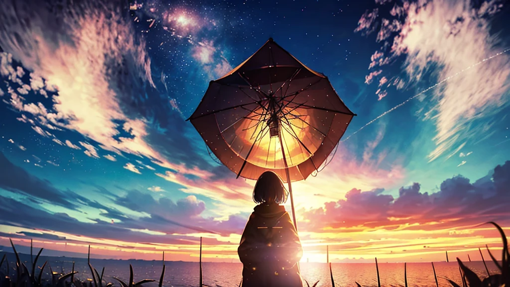 Starry Sky, After the Rain, horizon , In the sky,Lens flare, colorful,coat,Put your hands in your pockets,(student, 18-year-old, JK, Her short silver hair sways, Pale skin, Lack of eye sparkle) Looking up at the sky, Beautiful sky, There is an ocean,White Street,The scenery is beautiful, 広いLooking up at the sky, I see the wind blowing and shining, In the sky there is a noon moon and a noon star,From below, BREAK ,quality(8k,Highly detailed CG unit wallpaper, masterpiece,High resolution,top-quality,top-quality real texture skin,surreal,Increase the resolution,RAW Photos,highest quality,Very detailed,wallpaper,Cinema Lighting,Ray Tracing,Golden Ratio),Have a long-term perspective