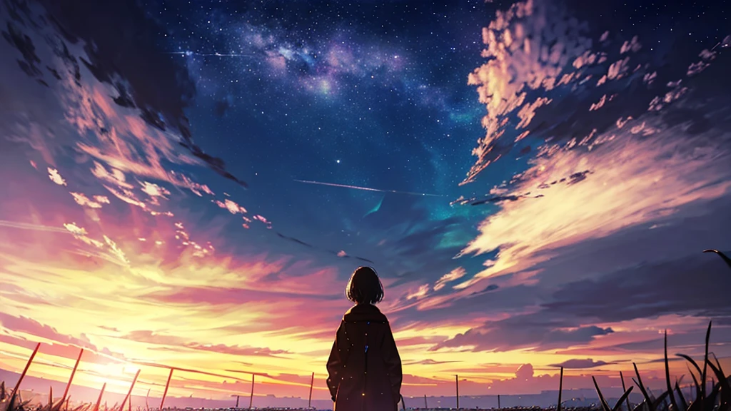 Starry Sky, After the Rain, horizon , In the sky,Lens flare, colorful,coat,Put your hands in your pockets,(student, 18-year-old, ＪＫ, Her short silver hair sways, Pale skin, Lack of eye sparkle) Looking up at the sky, Beautiful sky, There is an ocean,White Street,The scenery is beautiful, 広いLooking up at the sky, I see the wind blowing and shining, In the sky there is a noon moon and a noon star,From below, BREAK ,quality(8k,Highly detailed CG unit wallpaper, masterpiece,High resolution,top-quality,top-quality real texture skin,surreal,Increase the resolution,RAW Photos,highest quality,Very detailed,wallpaper,Cinema Lighting,Ray Tracing,Golden Ratio),Have a long-term perspective