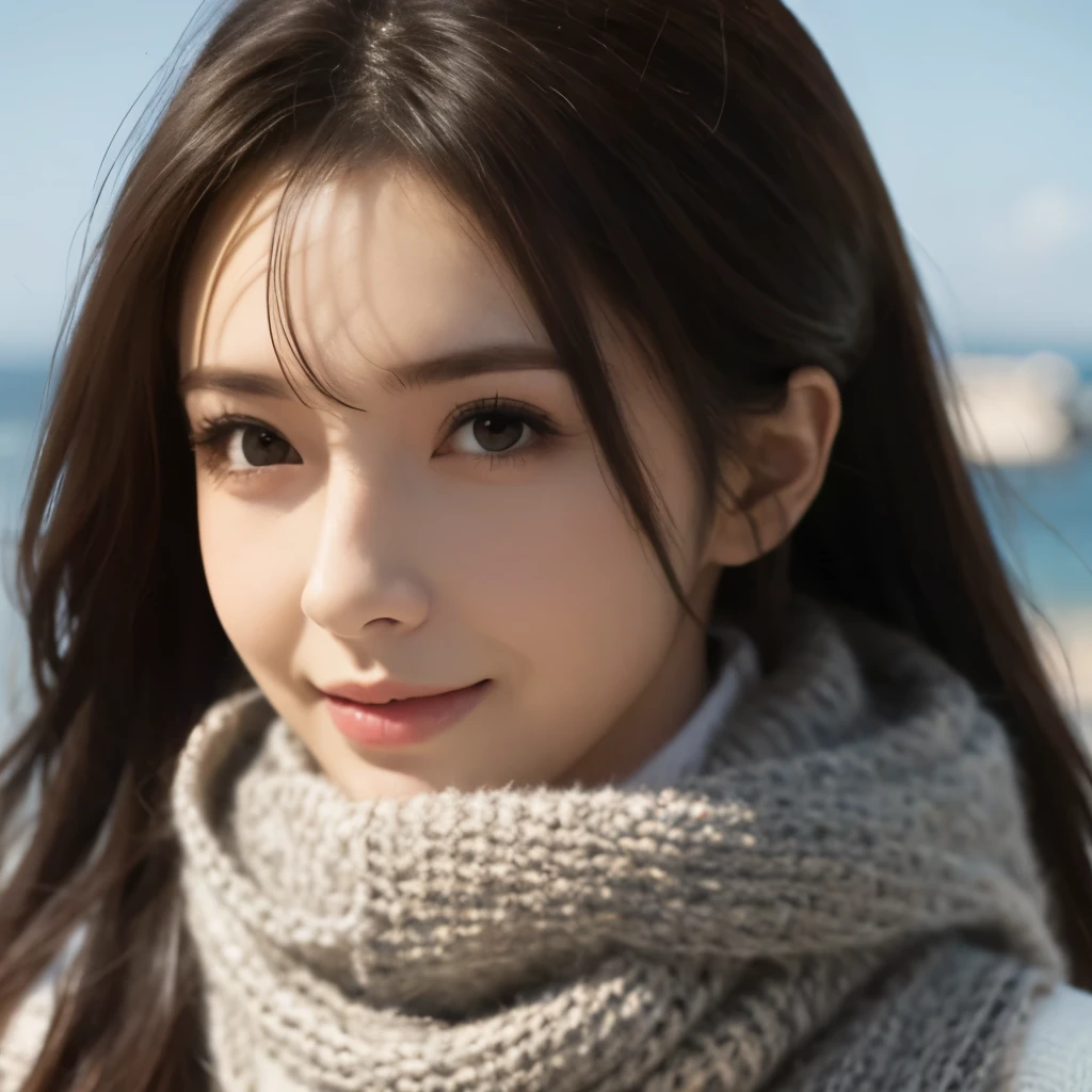 1woman, mature ,solo, close up, slender,((sweater and scarf)), ((soft smiling)), (best quality,8k,highres,masterpiece:1.3), (crystal clear white skin),ultra-detailed, (realistic,photorealistic,photo-realistic:1.37), portrait, cinematic, warm lighting, medium format, golden hour, dramatic shadows, vibrant colors,((hair up)),(( waving long hair by Wind)),