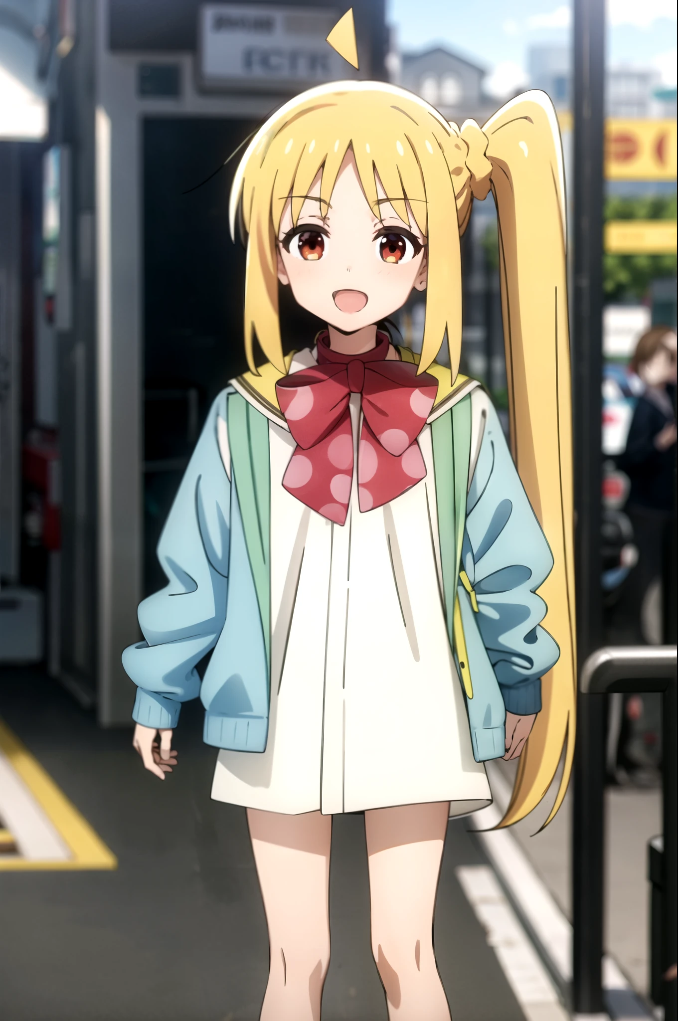 tall body, tall, long legs, mature female, mature, adult, Eft_Bocchi_Yellow, ijichi nijika, 1girl, solo, blonde hair, side ponytail, outdoors, smile, looking at viewer, open mouth, long hair, ahoge, shirt, bow, red eyes, :d, upper body, bangs, red bow, bag, sidelocks, backpack, anime coloring, jacket, blurry, , blurry background, yellow bag, blue jacket, sailor collar, polka dot, open clothes, bowtie, parody, white shirt, open jacket