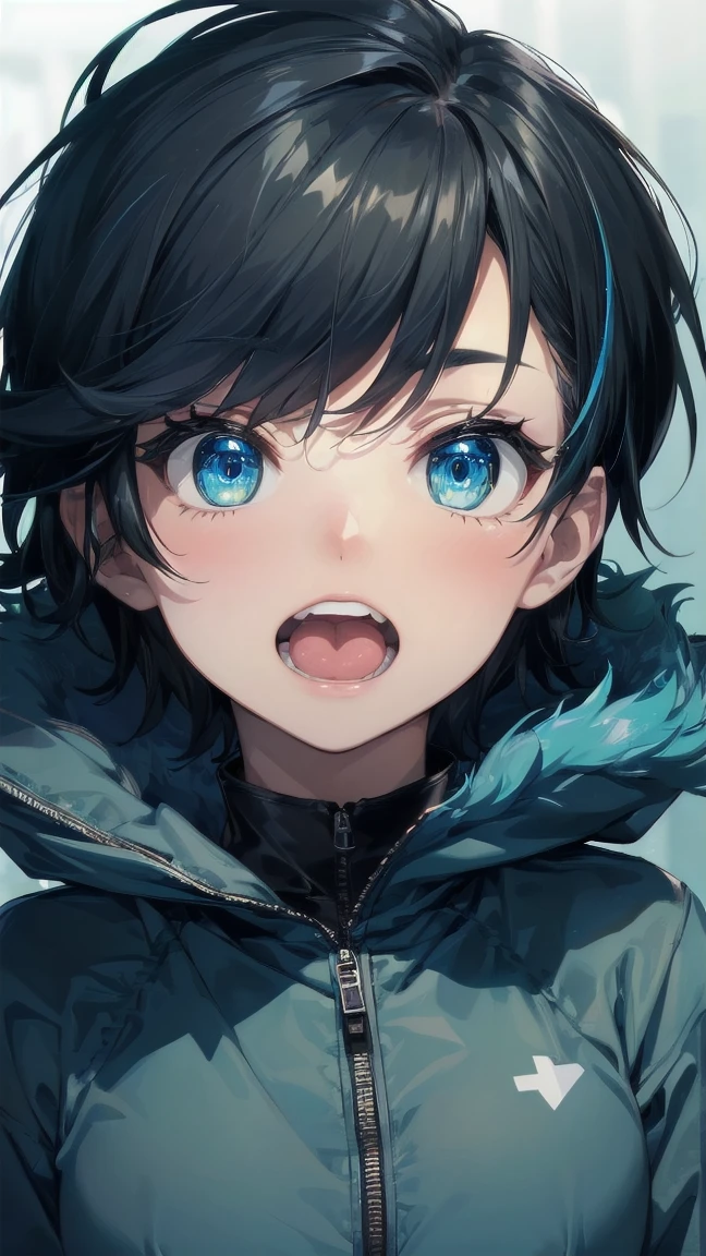 Close-up of a cartoon girl with blue hair and a yellow shirt, 2D Animation, 2D Animation style, 2D Art, 2D Art, 2D from Gorillaz, 2D from Gorillaz, 2D Gorillaz, Screaming Cerket, 2D Sprites, Jinx Face, short hair, Small breasts, hot pants, ((Black Hair, Bright blue fur inside:1.4))