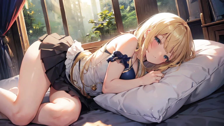super high quality, Super detailed, Ultra-clear, forest, one person, long blonde hair, sleep, Swimsuit, Beautiful details on clothes, mini skirt, Stockings, Sexy