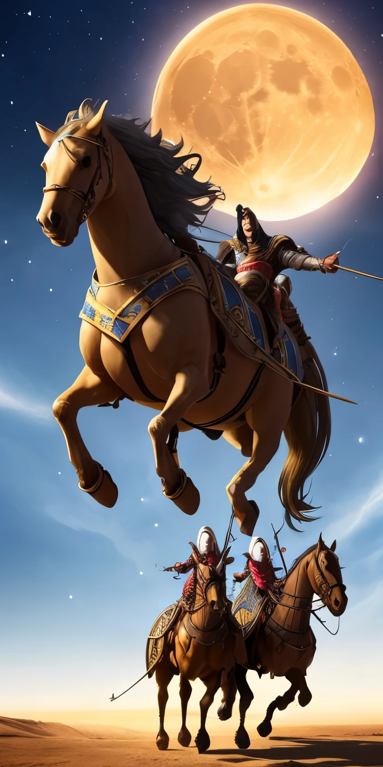 a medieval war chariot flying to the moon, hold by fliyng horses, highly detailed, 8k, photorealistic, cinematic, dramatic lighting, vibrant colors, epic, mystical, magical realism, surreal, concept art style