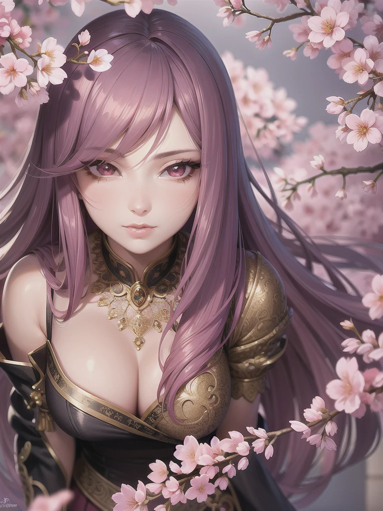 a full-length,cherry blossom background,short skirt,detailed face,beautiful eyes,detailed lips,long eyelashes,portrait,detailed skin,intricate details,highly detailed,masterpiece,8k,HDR,vibrant colors,cinematic lighting